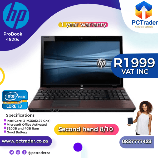 HP Probook 4520s Intel Core I3-M350, 4gb ram, 320gb hdd (Second Hand 8/10)