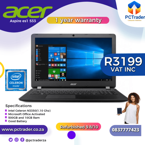 Acer AspireES1 533 , Celeron, 10gb Ram, 500GB HDD (Refurbished 9.8/10)