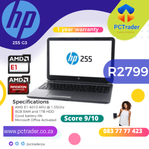 HP 255 G3, 1TB, 8GB, AMD E1 with Radeon R2 Graphics (Second hand 9/10)