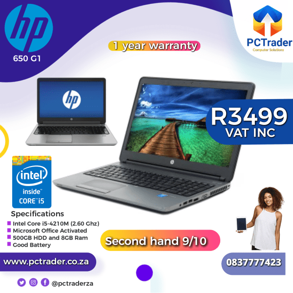 HP ProBook 650 G1, Intel Core i5, 500gb, 8gb ram  (Second Hand score 9/10)