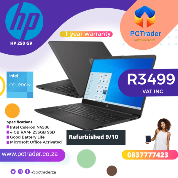 HP 250 G9, Celeron N4500, 256gb ssd, 4gb PC4 (Second Hand score 9/10)