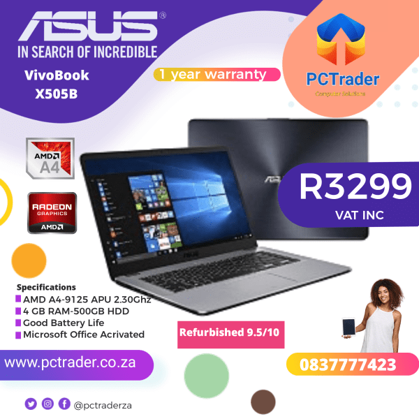 Asus VivoBook X505B, AMD A9, 4GB RAM, 500GB HDD, (second hand 9.5/10)