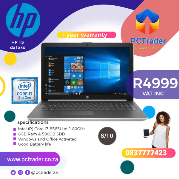 HP 15 Da1xxx, 500GB SSD, 8GB, INTEL Core i7-85500U (Second hand 8/10)