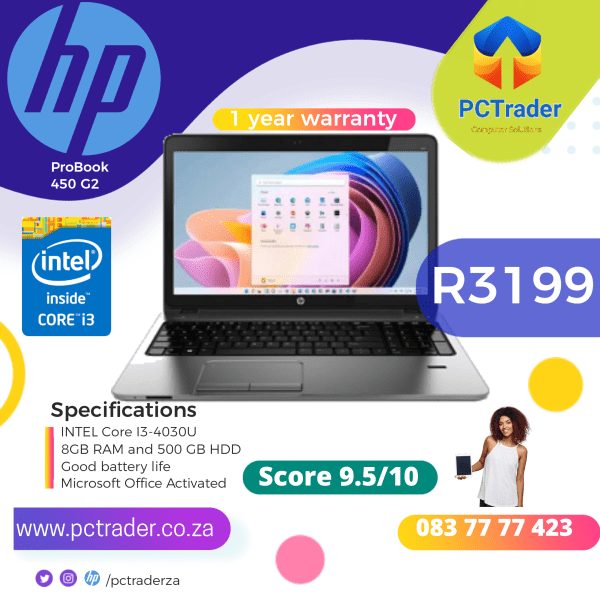 HP Probook 450 G2, 500GB HDD, 8GB Ram, INTEL Core i3-4030U (Second hand 9.5/10)