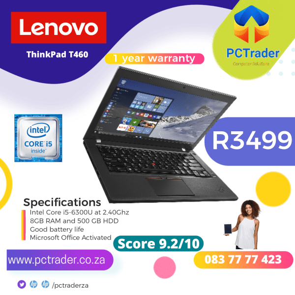 Lenovo T460, Core i5-6300U, 500GB, 8gb ram (Used SCORE 9.2/10)