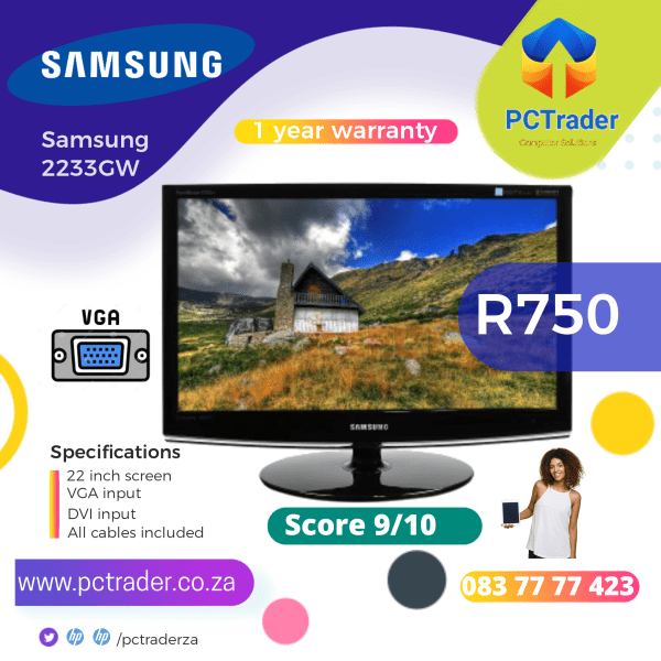 Samsung SyncMaster 2233GW 22" Wide Flatscreen LCD VGA Monitor (Second hand 9/10)