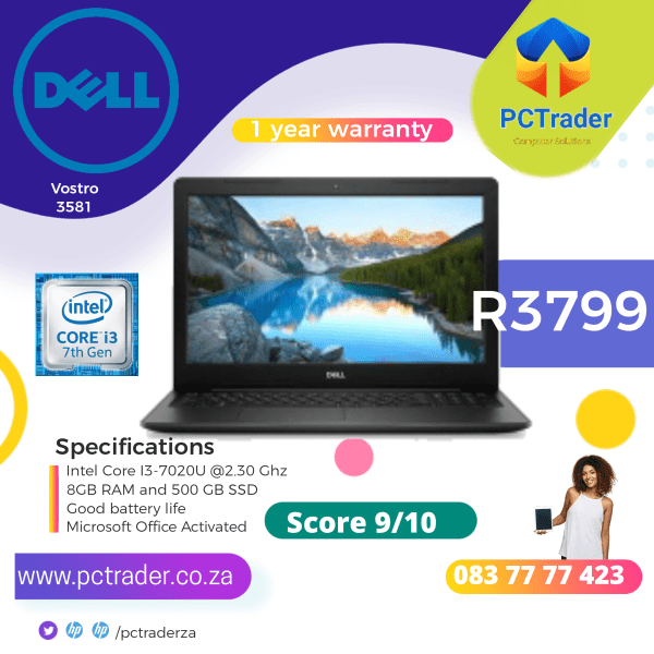 Dell Vostro15-3581, Core i3-7020U, 500gb ssd, 8gb ram (Refurbished 9/10)