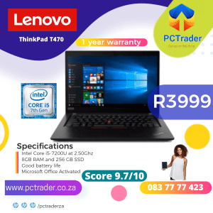 Lenovo Thinkpad T470 (Intel Core i5-7200u), 256gb and 8gb ram (Second Hand score 9.7/10)