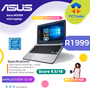 ASUS W202N Mini laptop, 64 GB SSD, 4gb ram, Intel Celeron N3350 (Second Hand score 9.5/10)