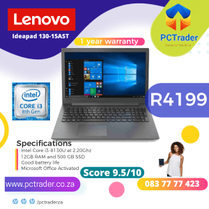 Lenovo Ideapad 130-15AST (Intel Core i3-8th gen), 500GB SSD and 12GB PC4 RAM (Second Hand score 9.5/10)