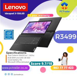 Lenovo Ideapad 3-15GL05, Intel Celeron, 256 GB SSD + 8 GB RAM (Refurbished 9.7/10)
