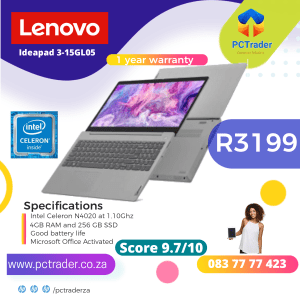 Lenovo Ideapad 3-15GL05, Intel Celeron, 256 GB SSD + 4 GB RAM (Refurbished 9.7/10)