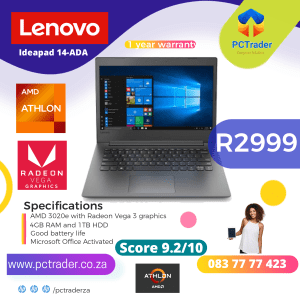 Lenovo Ideapad 14-ADA (AMD 3020e with Radeon Vega graphics) 1TB and 4gb ram (Second Hand score 9.2/10)