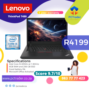 Lenovo Thinkpad T480 (Intel Core i5-8th gen), 256gb and 8gb ram (Second Hand score 9.7/10)