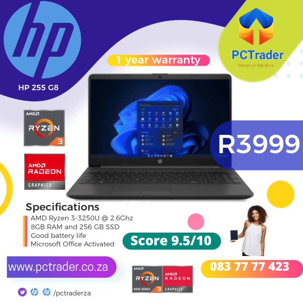 HP 255 G8 (Ryzen 3-3250U with Radeon graphics) 256gb ssd and 8gb ram (Second Hand score 9.5/10)