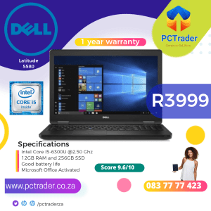 Dell Latitude E5580 - INTEL Core i5-6th gen, 12 GB Ram, 240GB SSD (Second hand 9/10)