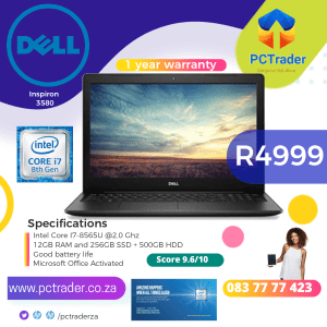 Dell Inspiron 3580 - Intel Core i7-8th gen, 12 GB ram, 256GB SSD + 500GB HDD (Second hand 9.6/10)
