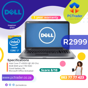 Dell Inspiron 5737 - Intel Core i7-4500U, 8 GB ram, 1TB HDD, (17 INCHES - BIG) (Second hand 8/10)