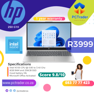 HP 250 G10, Intel N100, 256gb ssd, 8gb ram (Refurbished 9.8/10)