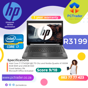 HP Elitebook 8570 workstation, 256GB SSD, 8GB, INTEL Core i7-3740QM with Nvidia Quadro (Second hand 9/10)