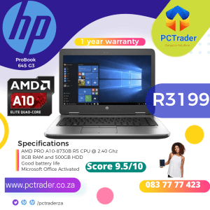 HP ProBook 645 G3, 500GB HDD, 8GB, AMD PRO A10 With Radeon R5 Graphics (Second hand 9.5/10)