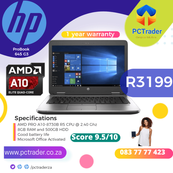 HP ProBook 645 G3, 500GB HDD, 8GB, AMD PRO A10 With Radeon R5 Graphics (Second hand 9.5/10)