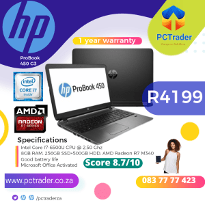 HP ProBook 450 G3, 256GB SSD+500gb hdd, 8GB, INTEL Core i7-6500U, AMD Radeon R7 M340 (Second hand 8.7/10)