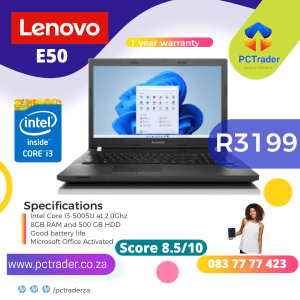 Lenovo E50-80, Intel Core i3-5005U, 500GB HDD , 8GB Ram (Second hand 8.5/10)