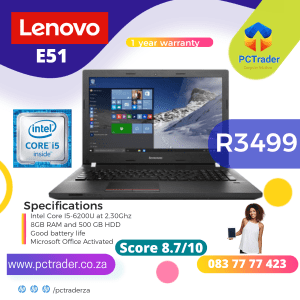 Lenovo E51-80, Intel Core i5-6200U, 500GB HDD , 8GB Ram (Second hand 8.7/10)