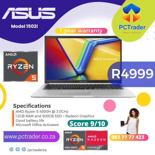 ASUS VivoBook 1502I, 500GB SSD, 12gb ram, AMD Ryzen 5-4600H at 3.0 Ghz (Second Hand score 9/10)