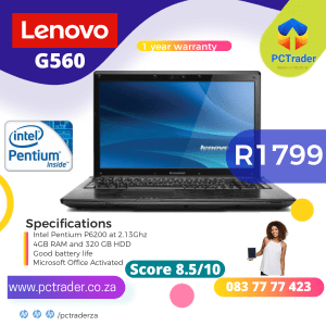 Lenovo G560, Intel Pentium P6200, 320GB HDD , 4GB Ram (Second hand 8.5/10)